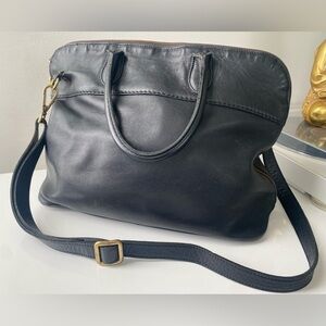 Roots leather and brass, arm handle & crossbody black large ladies business bag.